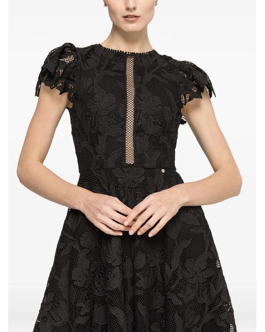 Nissa Black Embroidered Lace Midi Dress