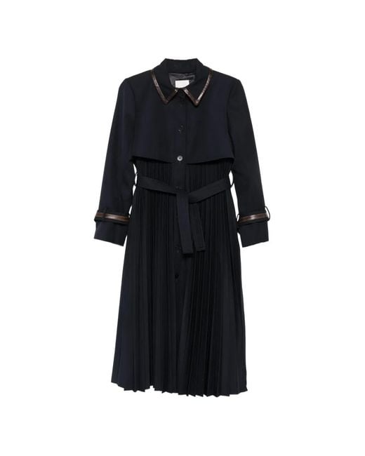 Sandro Black Pleated Leather-Trim Trench Coat