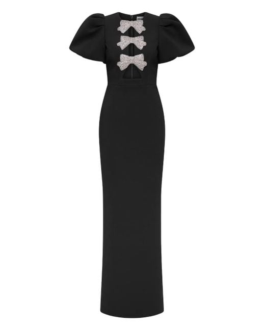 Rebecca Vallance Black Puff-Sleeves Bow-Embellished Maxi Evening Dress