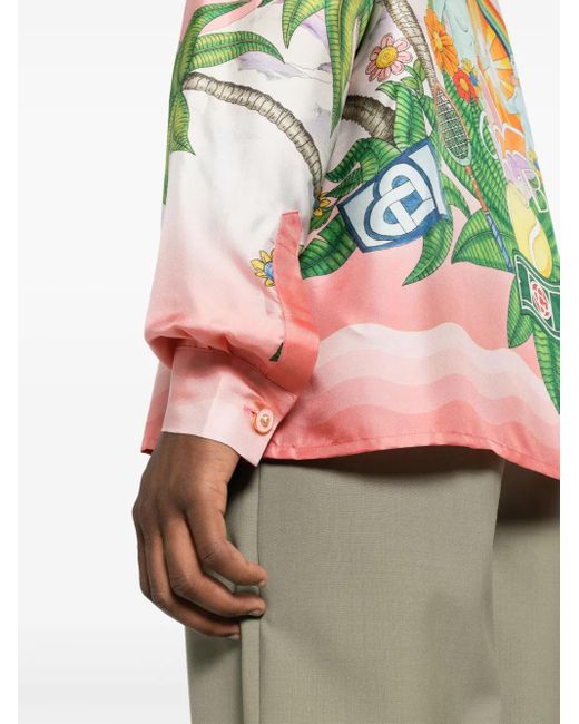Casablanca Pink Paix Et Amour Tennis Club-Print Silk Shirt for men