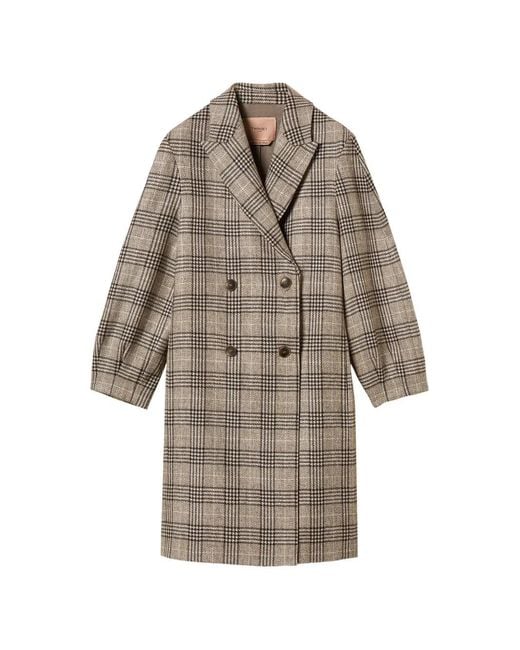 Twinset Natural Chequered Wool Cloth Coat With Sequins
