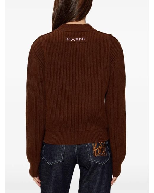 Marni Brown Ribbed-Knit V-Neck Sweater
