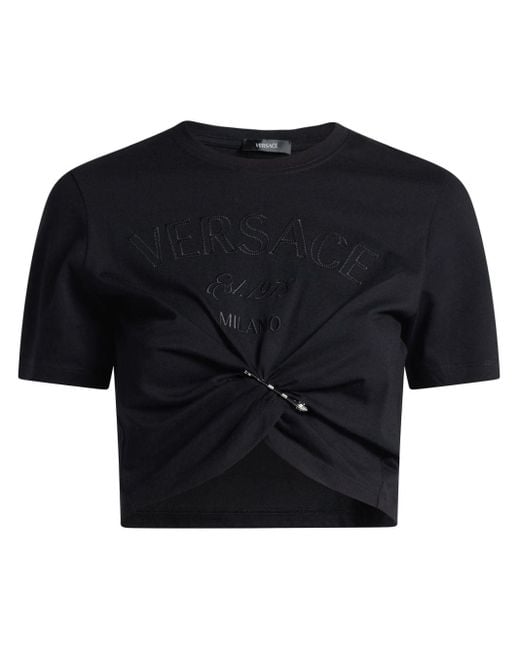 Versace Black Cotton Crop Top With Logo