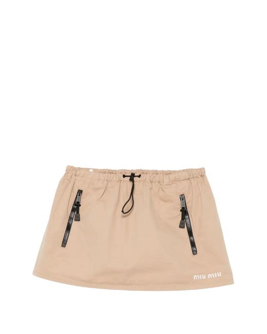 Miu Miu Natural Drawstring-Waist Logo-Print Skirt