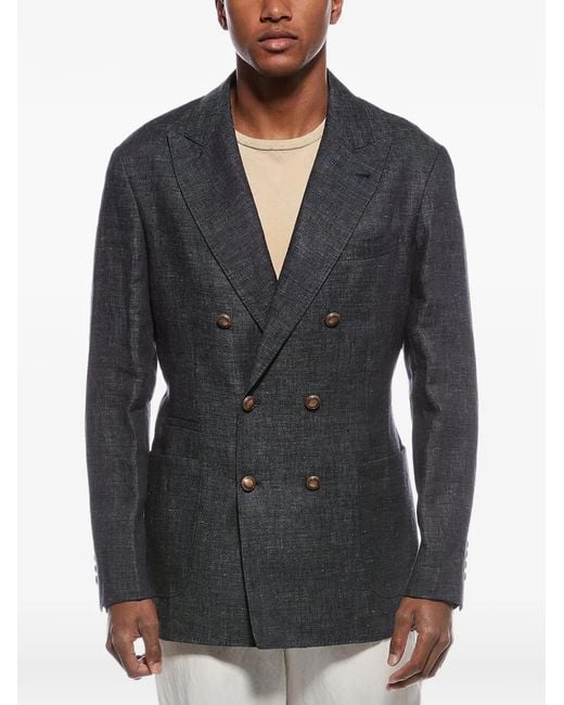 Brunello Cucinelli Black Double-Breasted Linen Blazer for men
