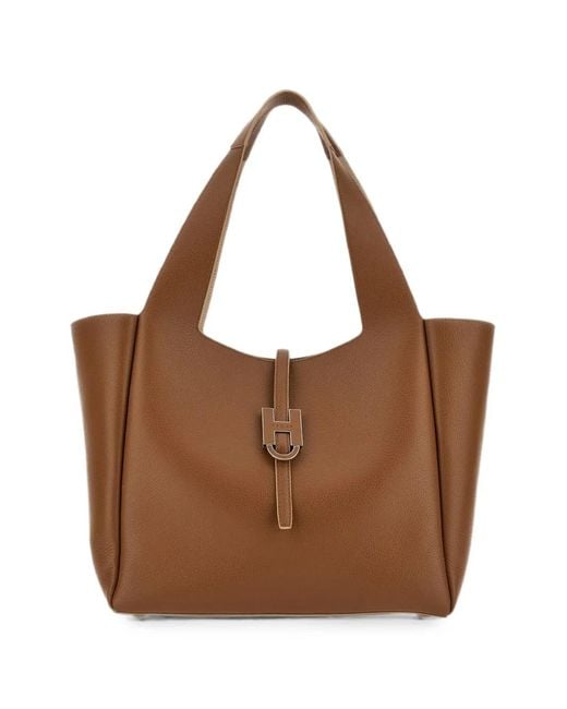 Hogan Brown Trend Logo-Plaque Leather Tote Bag