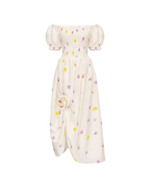 Sleeper White Belle Floral-Print Smocked Linen Midi Dress