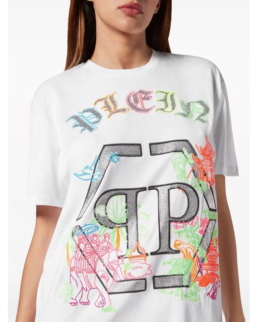 Philipp Plein White Logo-Embellished Embroidered T-Shirt Dress