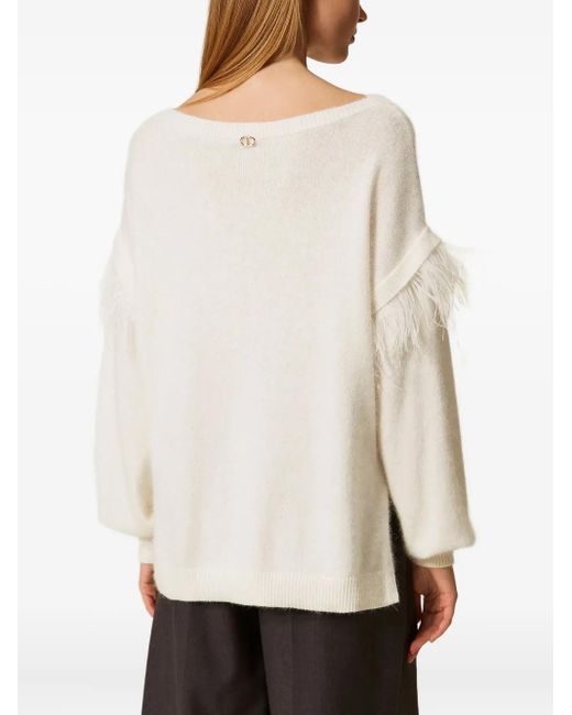 Twinset White Feather-Trim Sweater