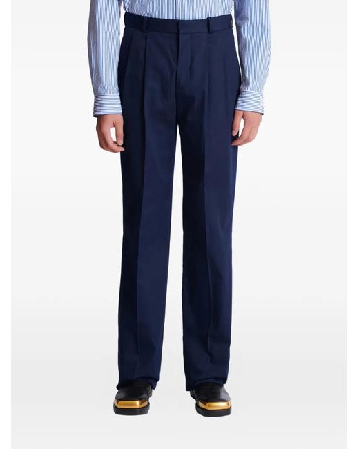 Balmain Blue Cotton Pleated Flared Trousers for men
