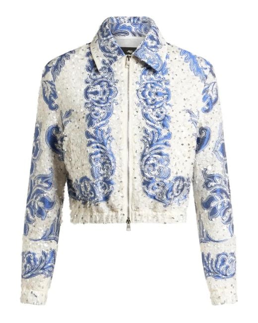Etro Blue Sequin-Embellished Cropped Bomber Jacket