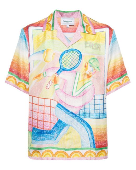 Casablancabrand Blue Crayon Tennis Player Silk Shirt for men