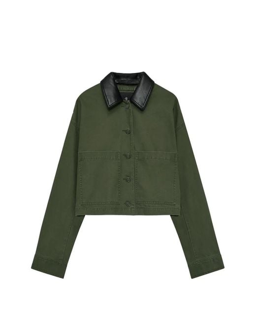 Anine Bing Green Yuma Contrast-Collar Cropped Jacket
