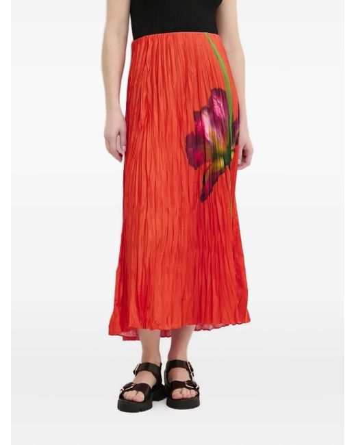 Desigual Red Pleated Floral Print Midi Skirt