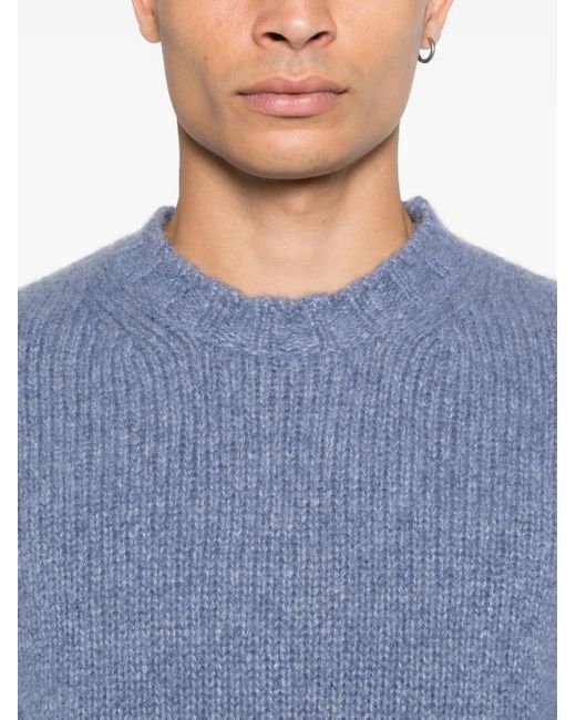 Fedeli Blue Ribbed Crew-Neck Sweater for men