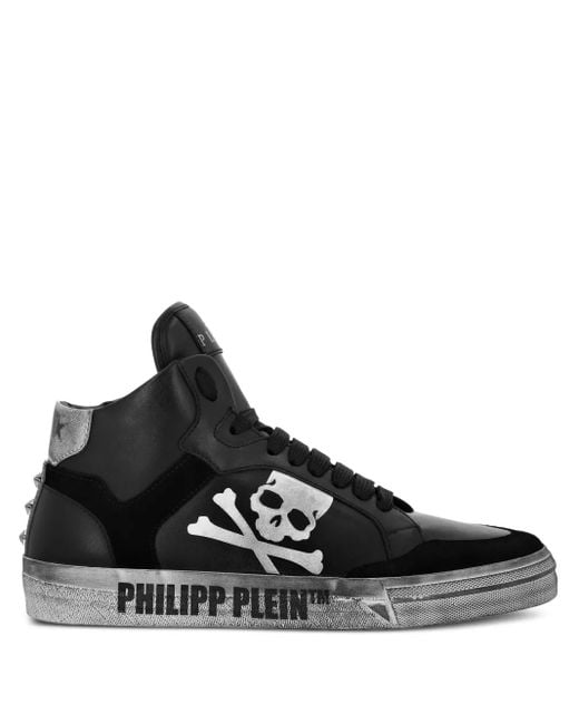 Philipp Plein High-Top Sneakers Met Doodskop-Patroon in het Black