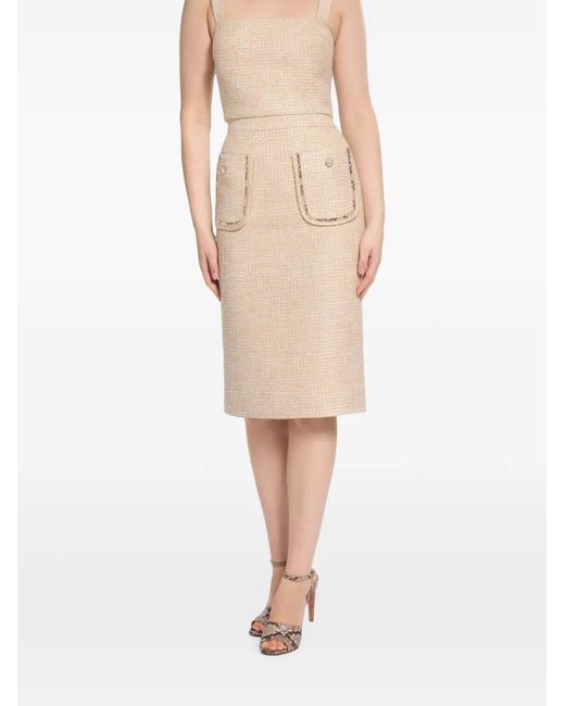 Elie Saab Natural Tweed Python-Print Midi Skirt