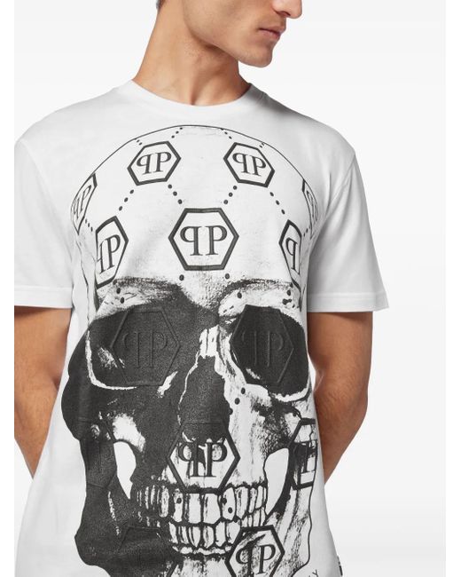 Philipp Plein White Skull-Print Round-Neck T-Shirt for men