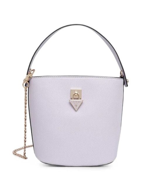 Guess White Patsie Logo-Plaque Bucket Bag