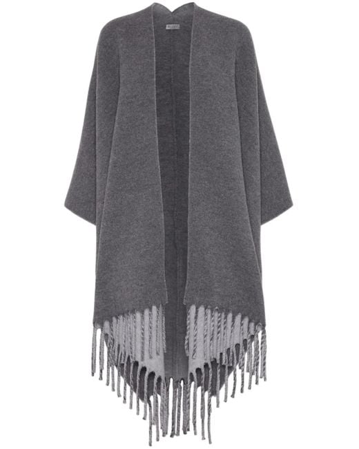 Brunello Cucinelli Gray Fringed-Edge Wool-Cashmere Cape