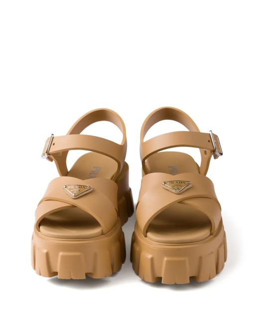 Prada Brown Monolith Sandalen Mit Emailliertem Triangel-Logo