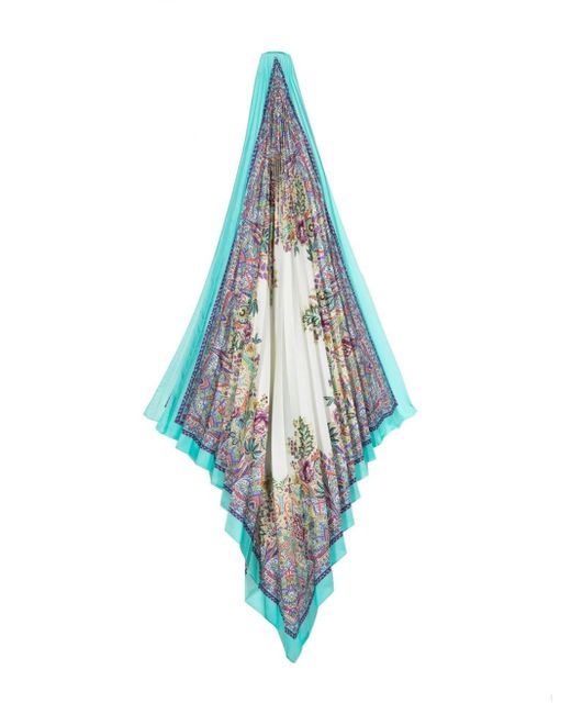 Etro Blue Plissierter Schal mit Blumen-Print
