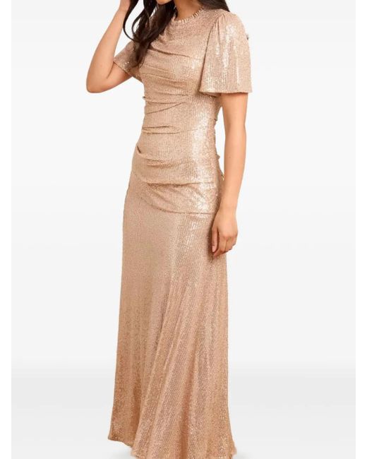 Needle & Thread Natural Sequin-Embellished Ruched Dress