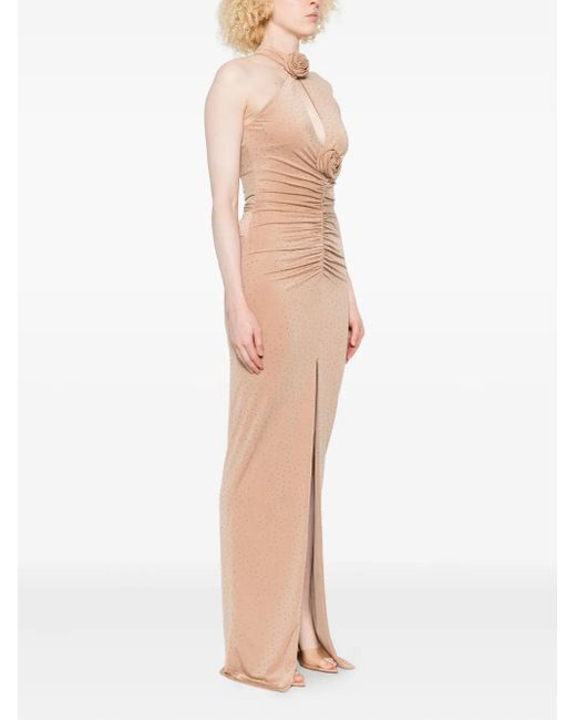 Nissa White Rose-Embellished Ruched Maxi Evening Dress
