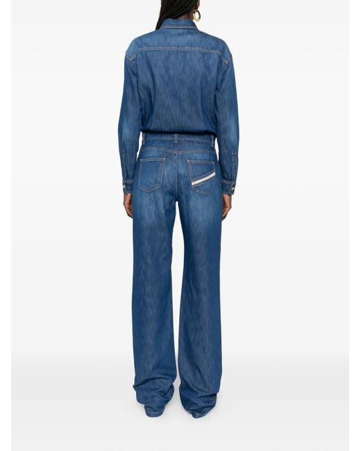 Elisabetta Franchi Blue Denim Jumpsuit With Lettering Detail