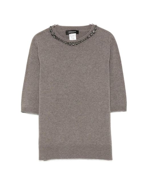 Fabiana Filippi Gray Crystal-Embellished Short-Sleeve Sweater