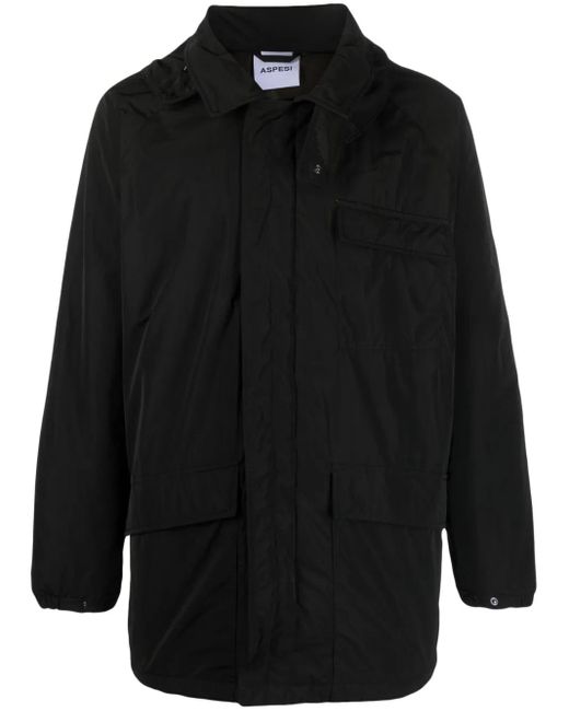 Aspesi Black Hooded Long-Sleeved Coat for men