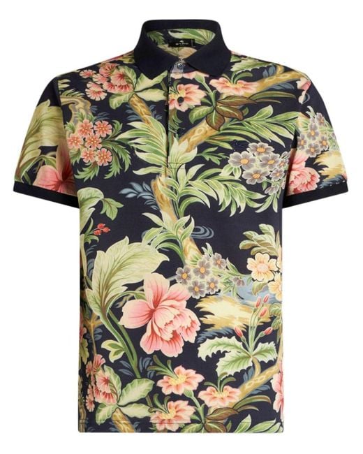 Etro Green Floral-print Cotton Polo Shirt for men