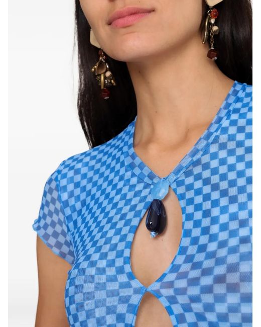Amir Slama Blue X Jade Picon Checkerboard Cut-Out Crop Top