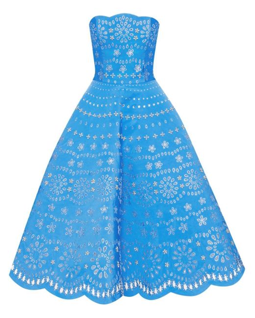 Oscar de la Renta Blue Schulterfreies Kleid mit Kristallen