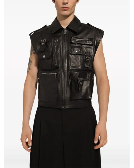 Chaqueta Sin Mangas De Piel Con Bolsillos Dolce & Gabbana de hombre de color Black