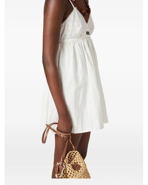 Miu Miu White Mini-Robe En Popeline Et Dentelle À Œillets