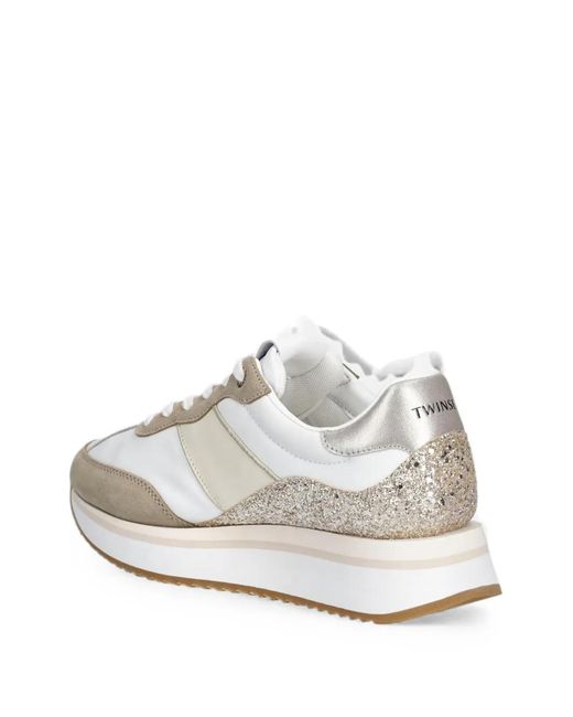 Twinset White Glitter-Embellished Platform Sneakers