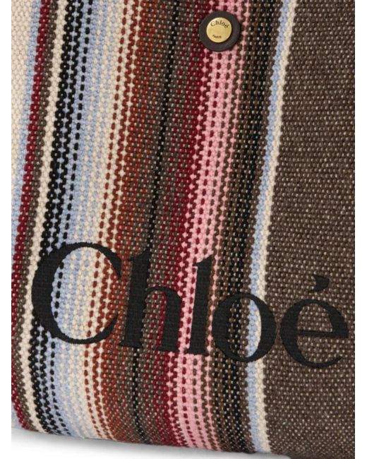 Chloé Brown Clover Logo-Print Striped Tote Bag