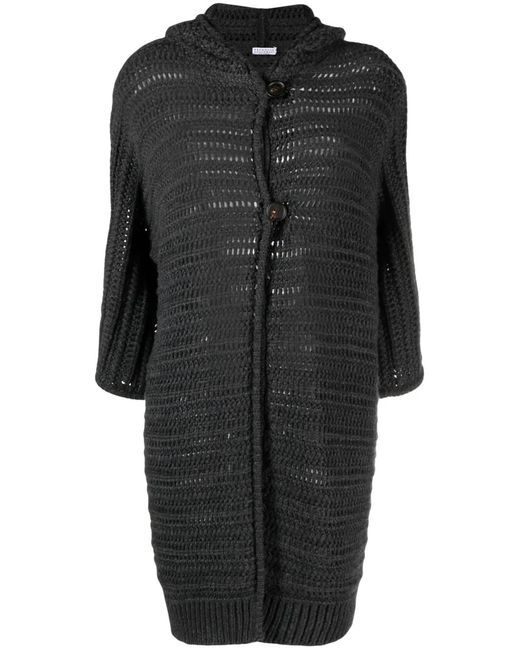 Brunello Cucinelli Black Hooded Midi Cardi-Coat