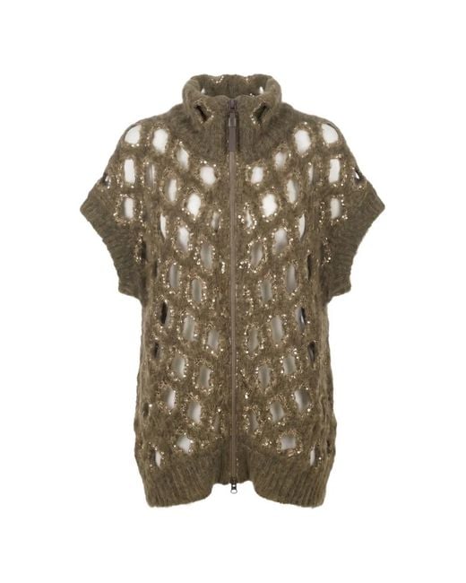 Brunello Cucinelli Green Sequin-Embellished Open-Knit Sweater