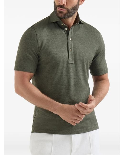 Brunello Cucinelli Green Virgin Wool, Silk And Cotton Piqué Polo Shirt With Spread Collar for men