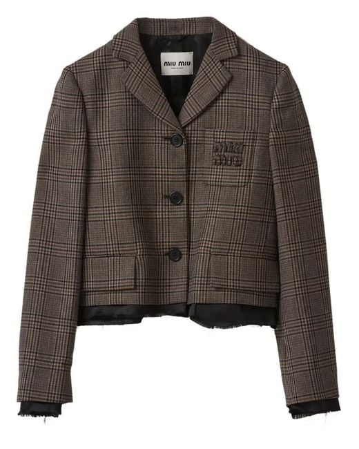 Miu Miu Check-Pattern Wool Jacket in Brown | Lyst