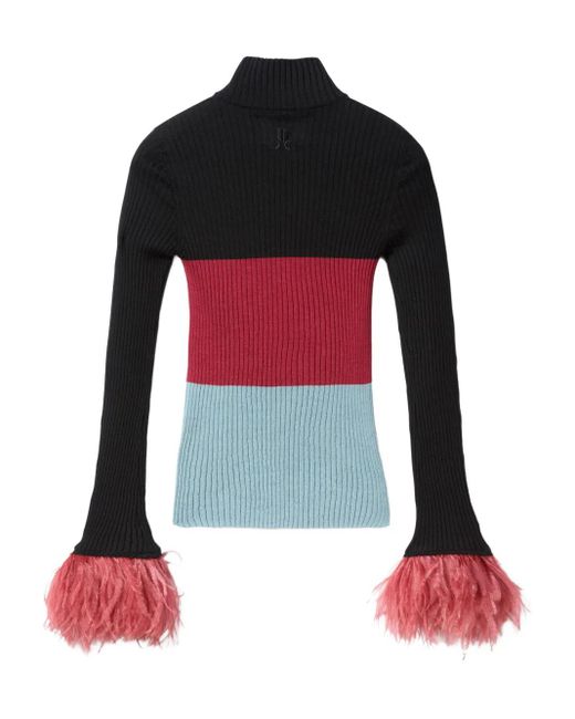 LaDoubleJ Red Feather-Trimmed Ribbed Top