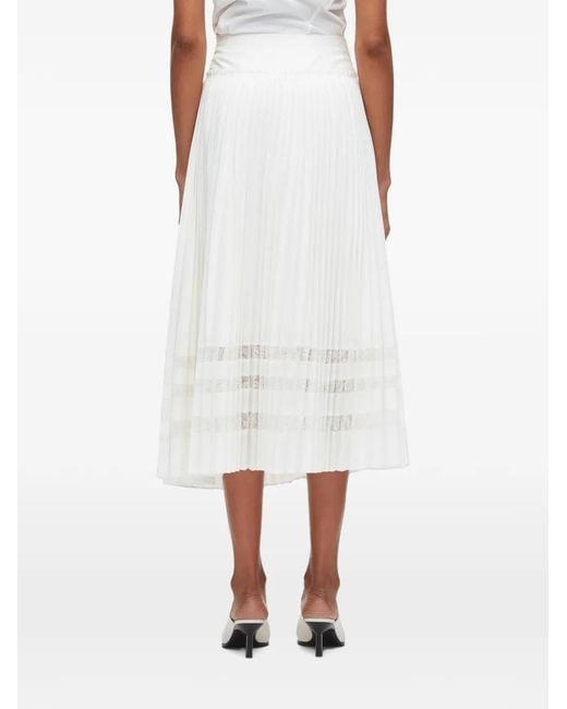 3.1 Phillip Lim White Pleated Lace-Insert Midi Skirt