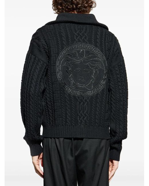 Versace Black Zip-Up Cable-Knit Cardigan for men