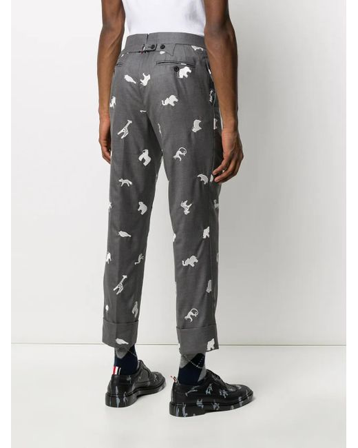 Thom Browne Gray Animal-Embroidered Cropped Trousers for men