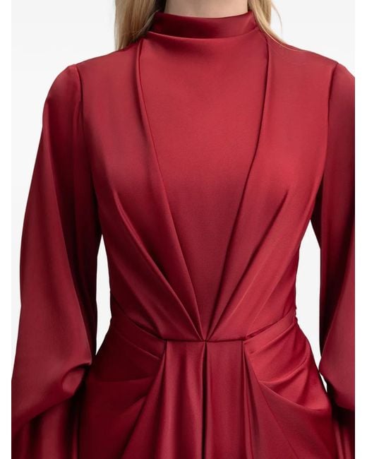 Gemy Maalouf Red Draped-Waist Ruffled-Sleeve Maxi Dress