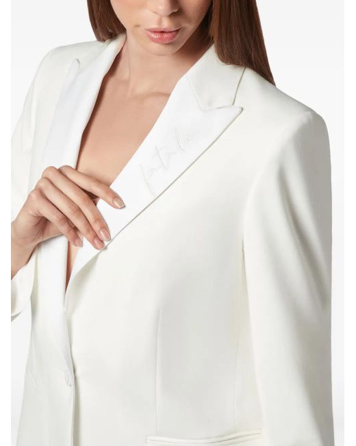 Philipp Plein White Satin-Lapels Embroidered Blazer