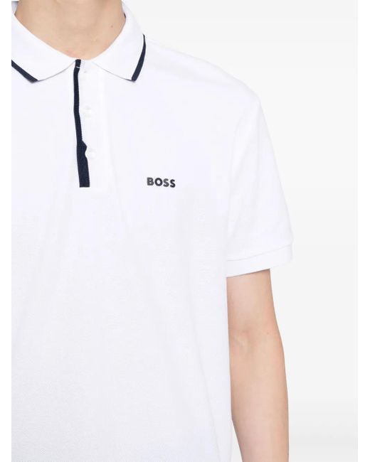Boss White Logo-Print Cotton Polo Shirt for men