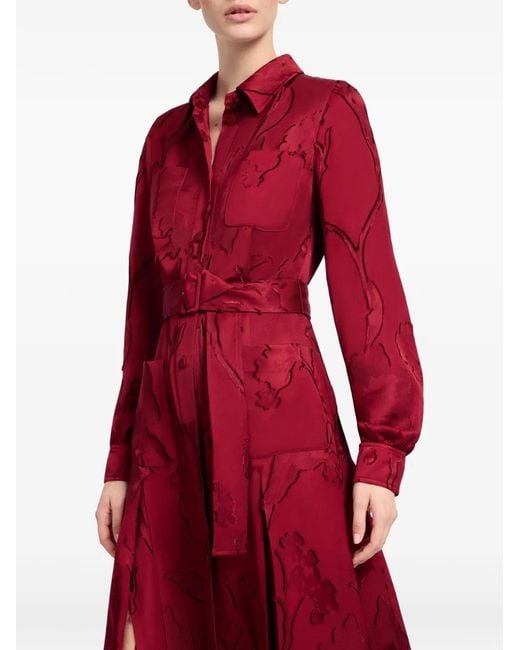 Elie Saab Red Long-Sleeve Belted Midi Dress